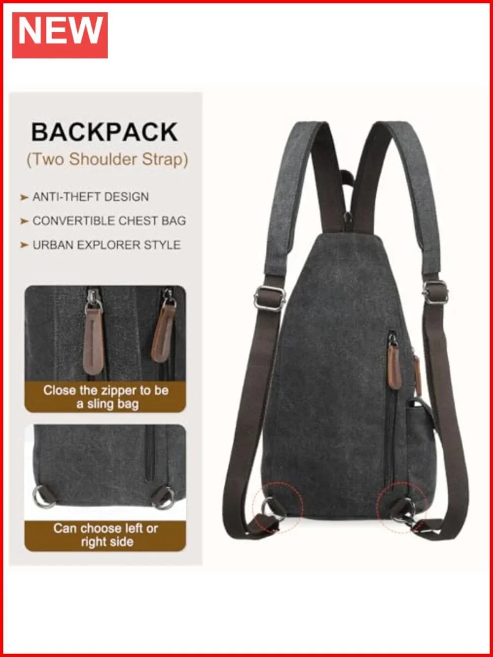 Vintage Canvas Sling Bag Crossbody Backpack Leather Trim Water Resistant WiFi